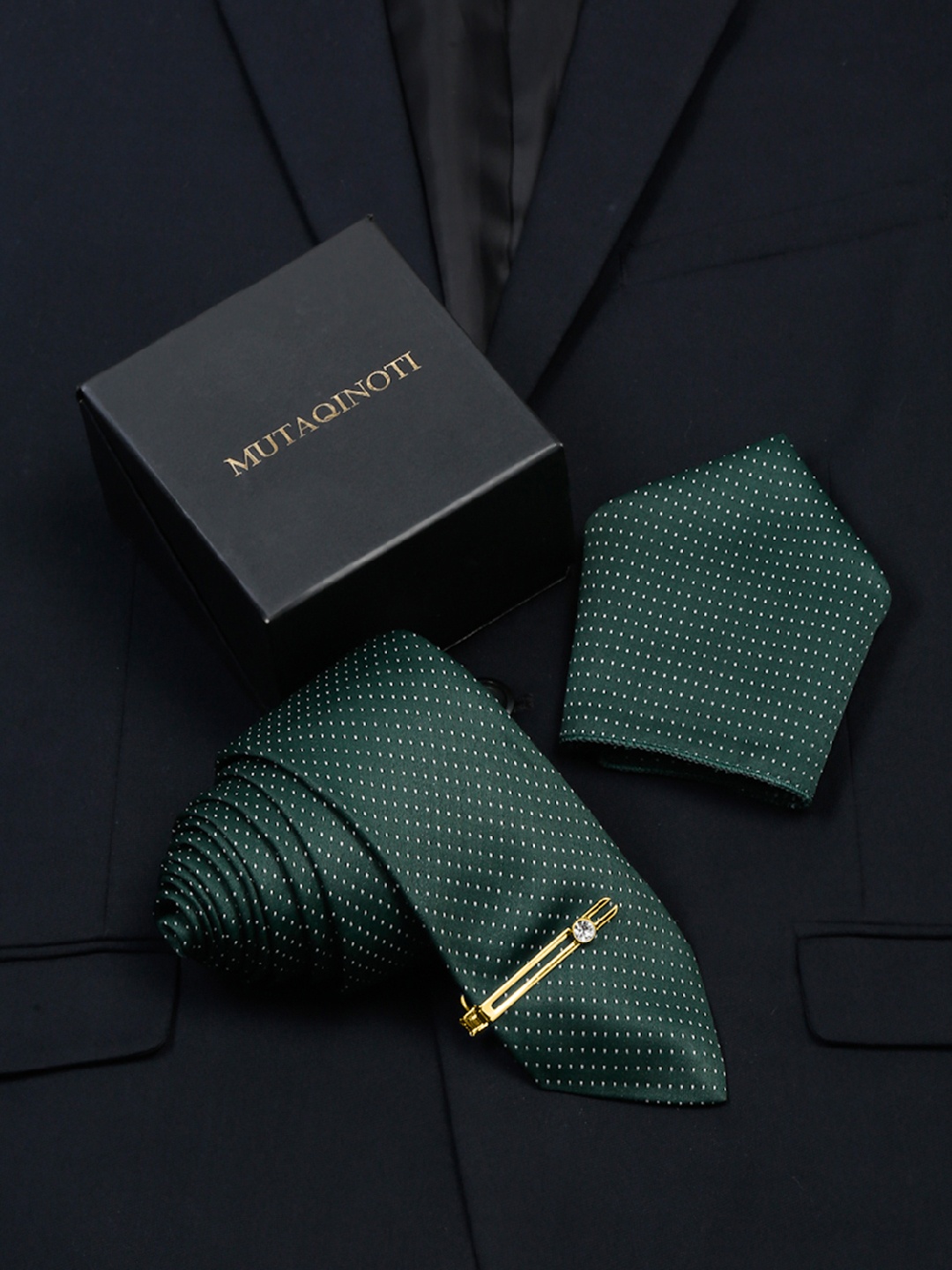 

MUTAQINOTI Men Dotted Green Silk Necktie Accessory Gift Set