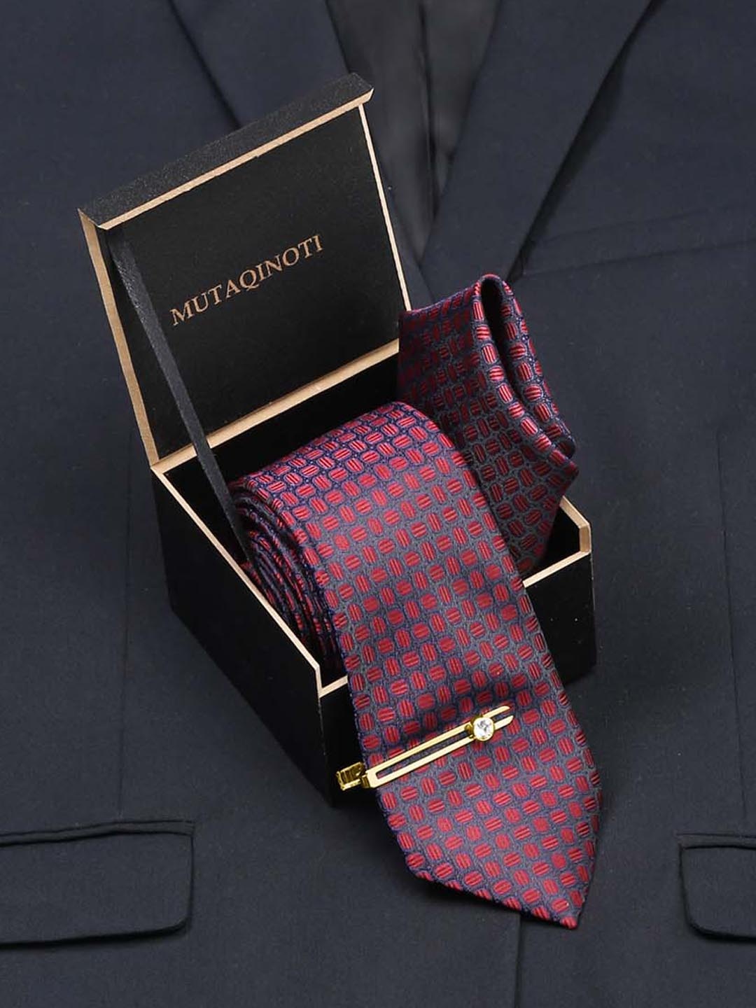 

MUTAQINOTI Men Silk Necktie Accessory Gift Set, Maroon