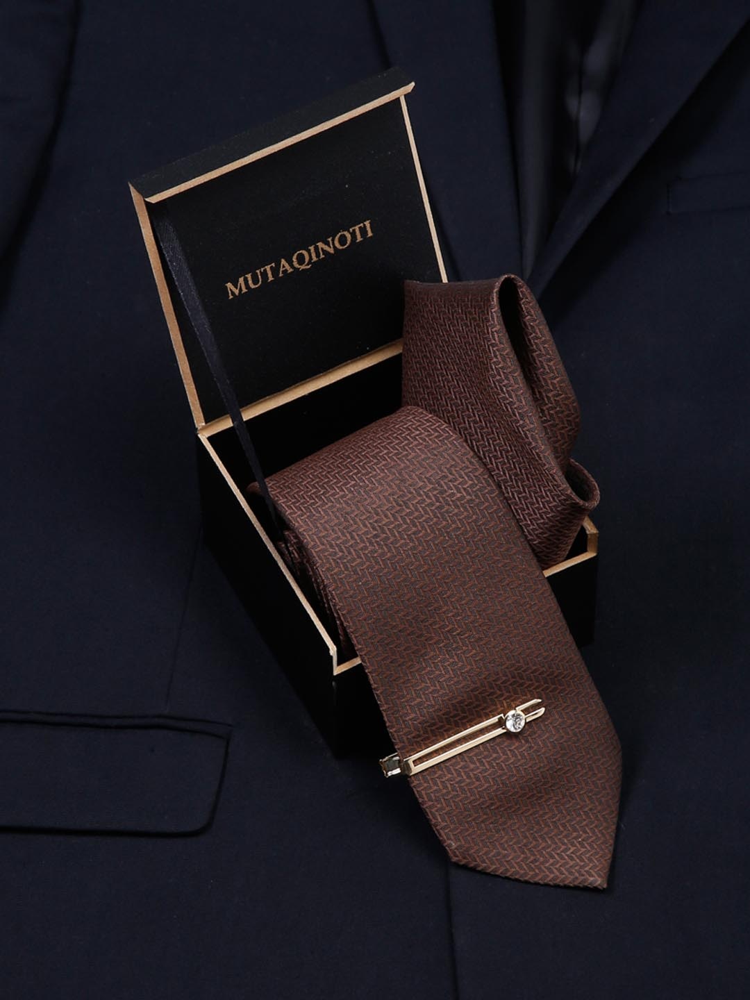 

MUTAQINOTI Men Silk Necktie Accessory Gift Set, Brown