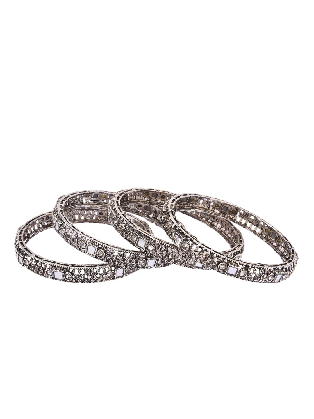 

FEMMIBELLA Set Of 4 Silver-Plated Oxidised Stone-Studded Bangles