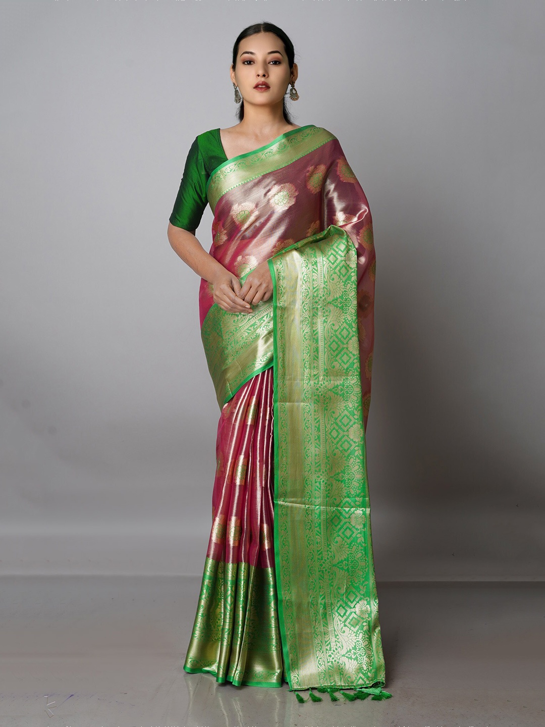 

Unnati Silks Floral Woven Design Zari Organza Banarasi Saree, Pink
