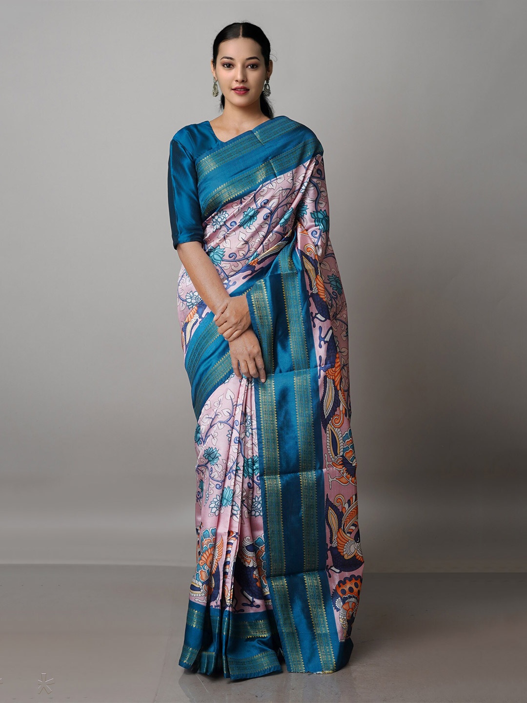

Unnati Silks Kalamkari Printed Zari Kanjeevaram Saree, Pink