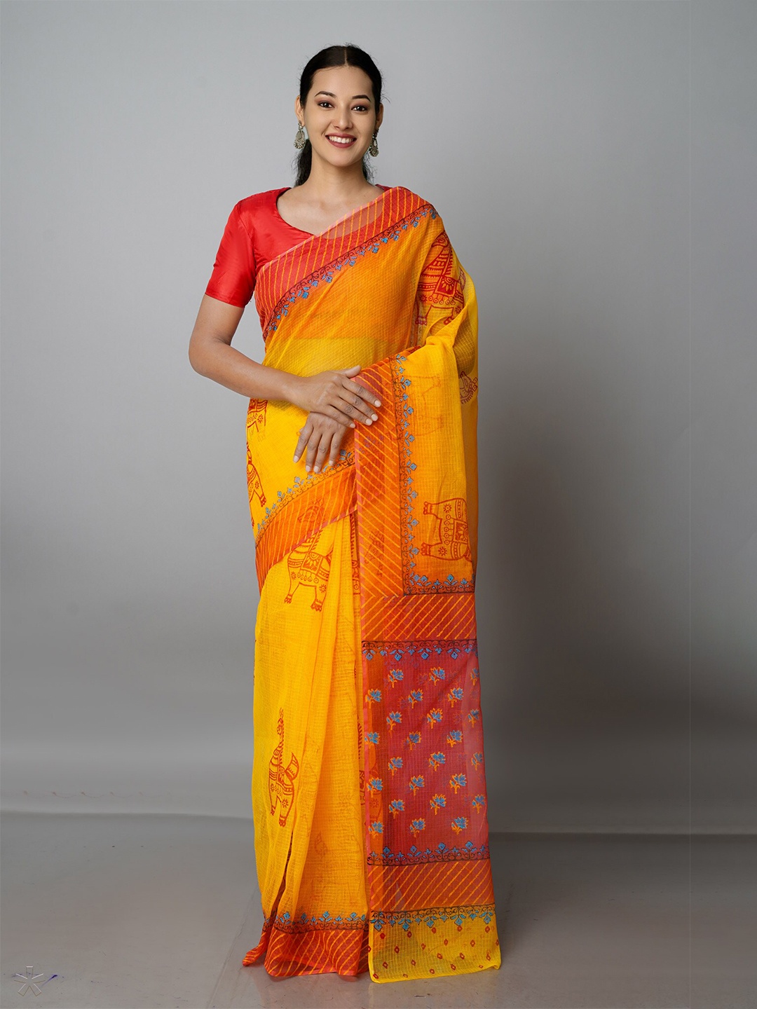 

Unnati Silks Ethnic Printed Pure Cotton Kota Saree, Yellow