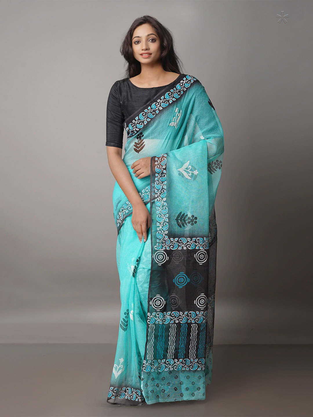 

Unnati Silks Floral Printed Pure Cotton Handloom Kota Saree, Turquoise blue