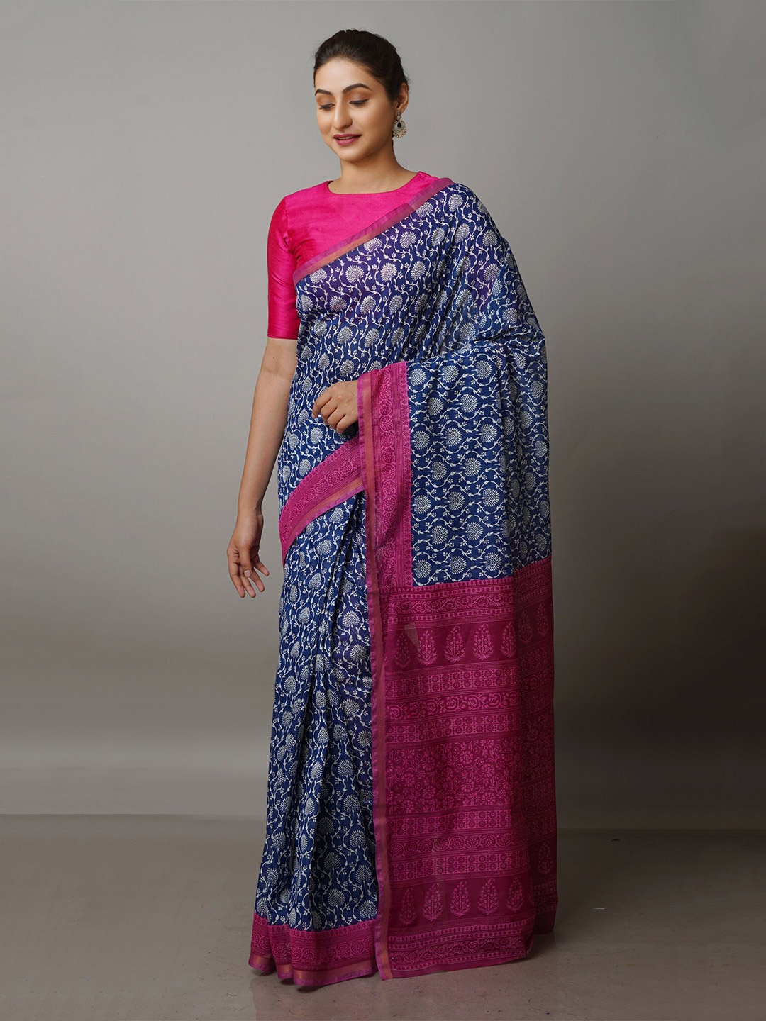 

Unnati Silks Ethnic Motifs Block Printed Zari Silk Cotton Chanderi Saree, Navy blue