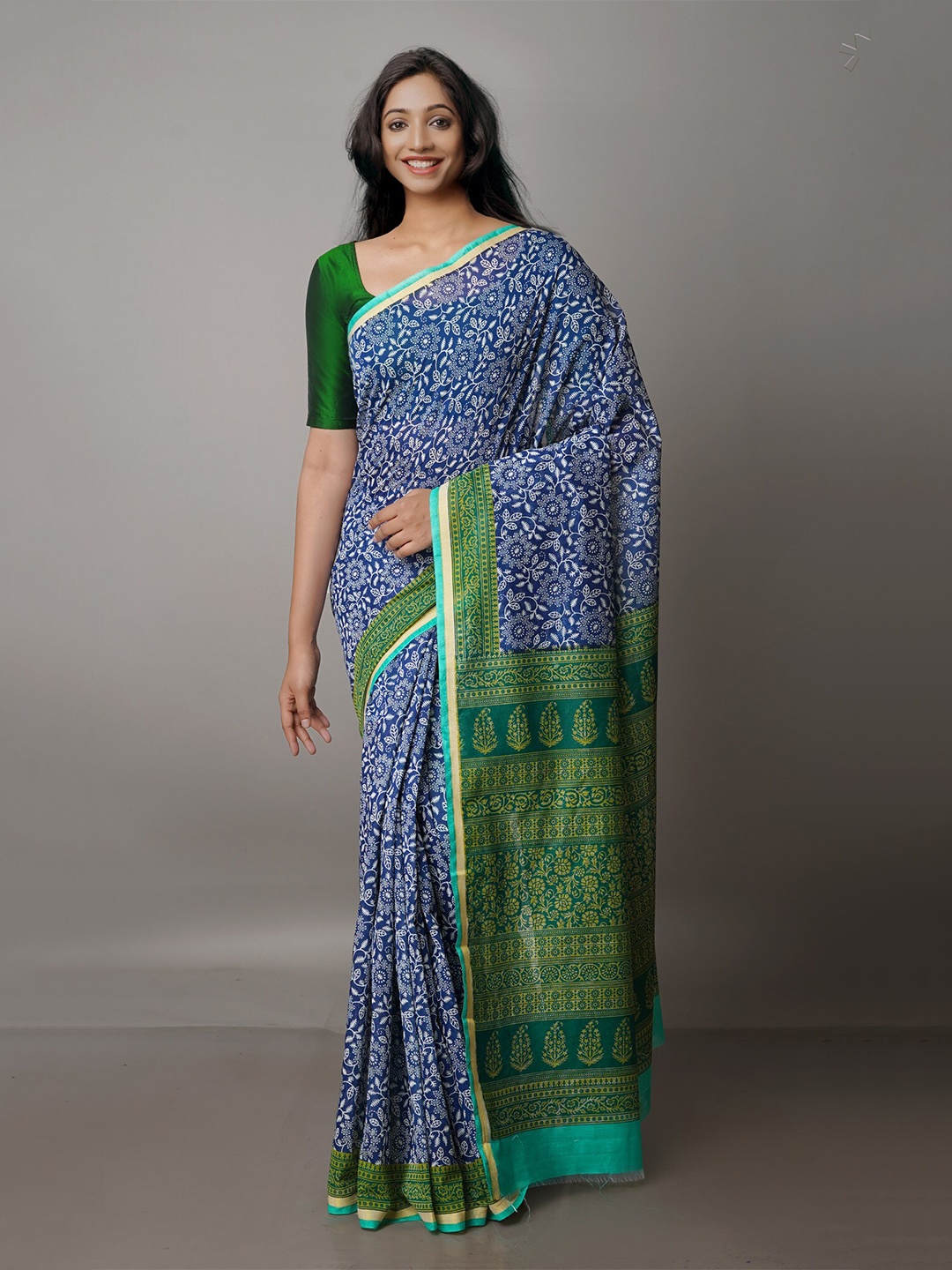 

Unnati Silks Floral Printed Zari Silk Cotton Chanderi Saree, Navy blue