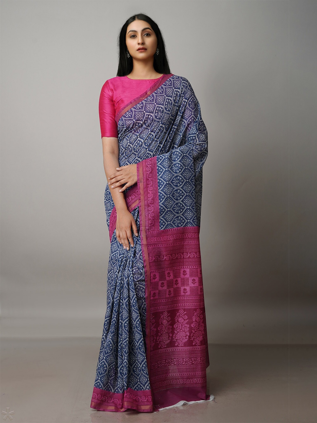 

Unnati Silks Ethnic Printed Zari Silk Cotton Chanderi Saree, Navy blue