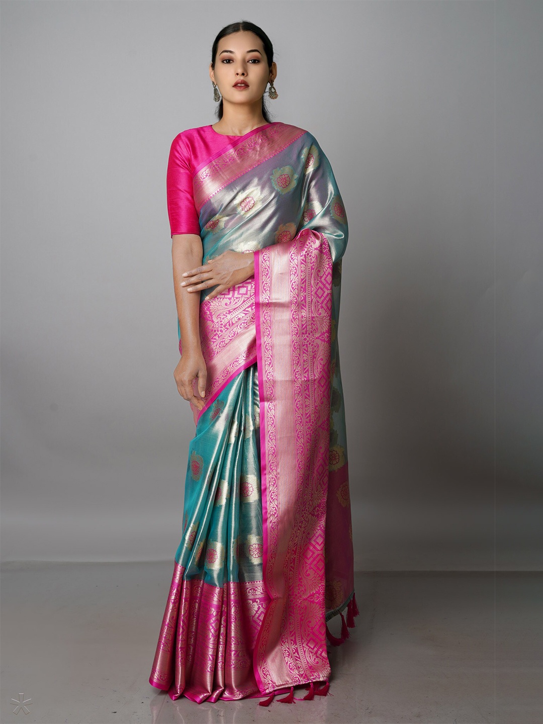

Unnati Silks Floral Woven Design Zari Organza Banarasi Saree, Blue