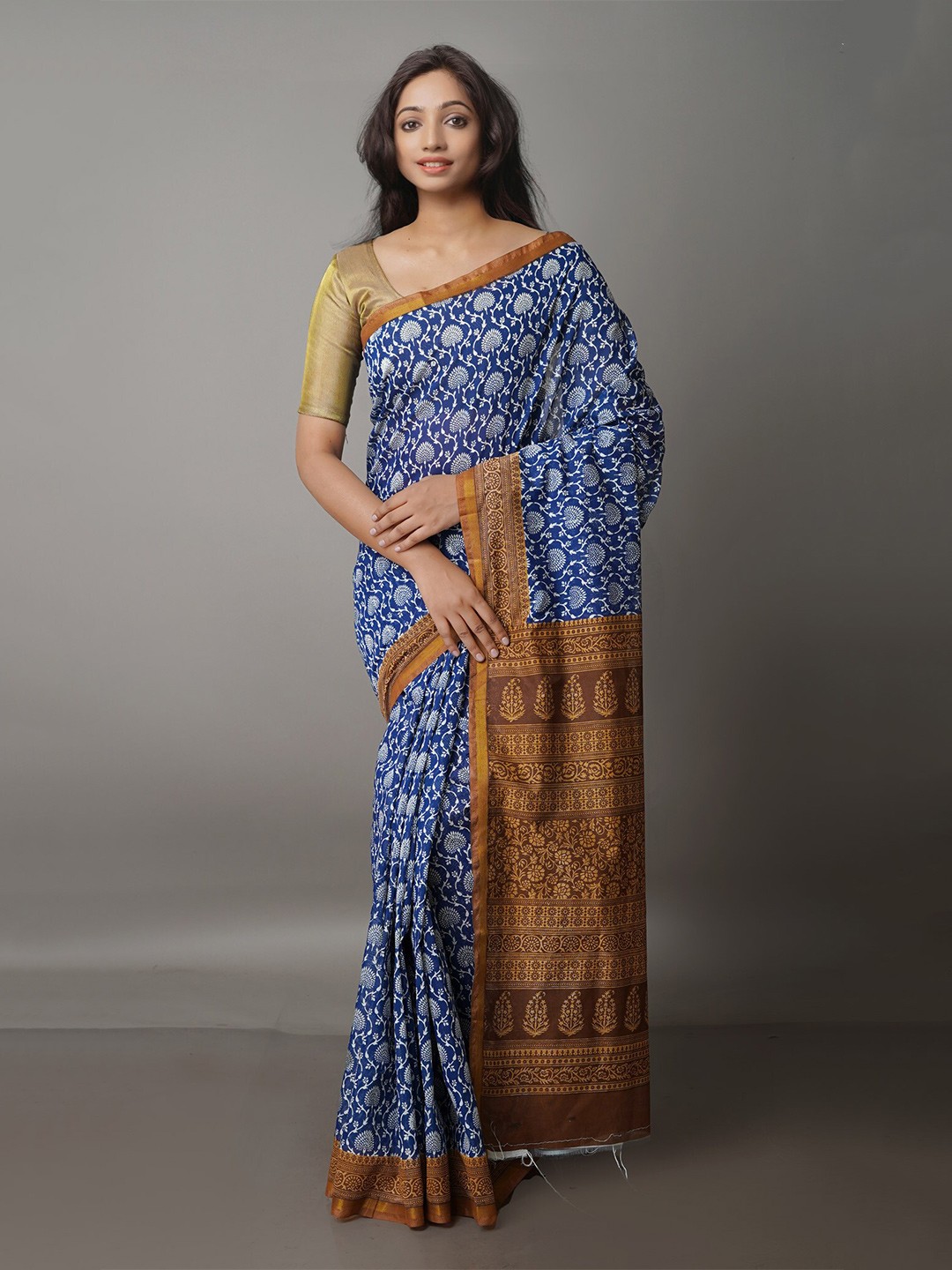 

Unnati Silks Ethnic Printed Zari Silk Cotton Chanderi Saree, Navy blue