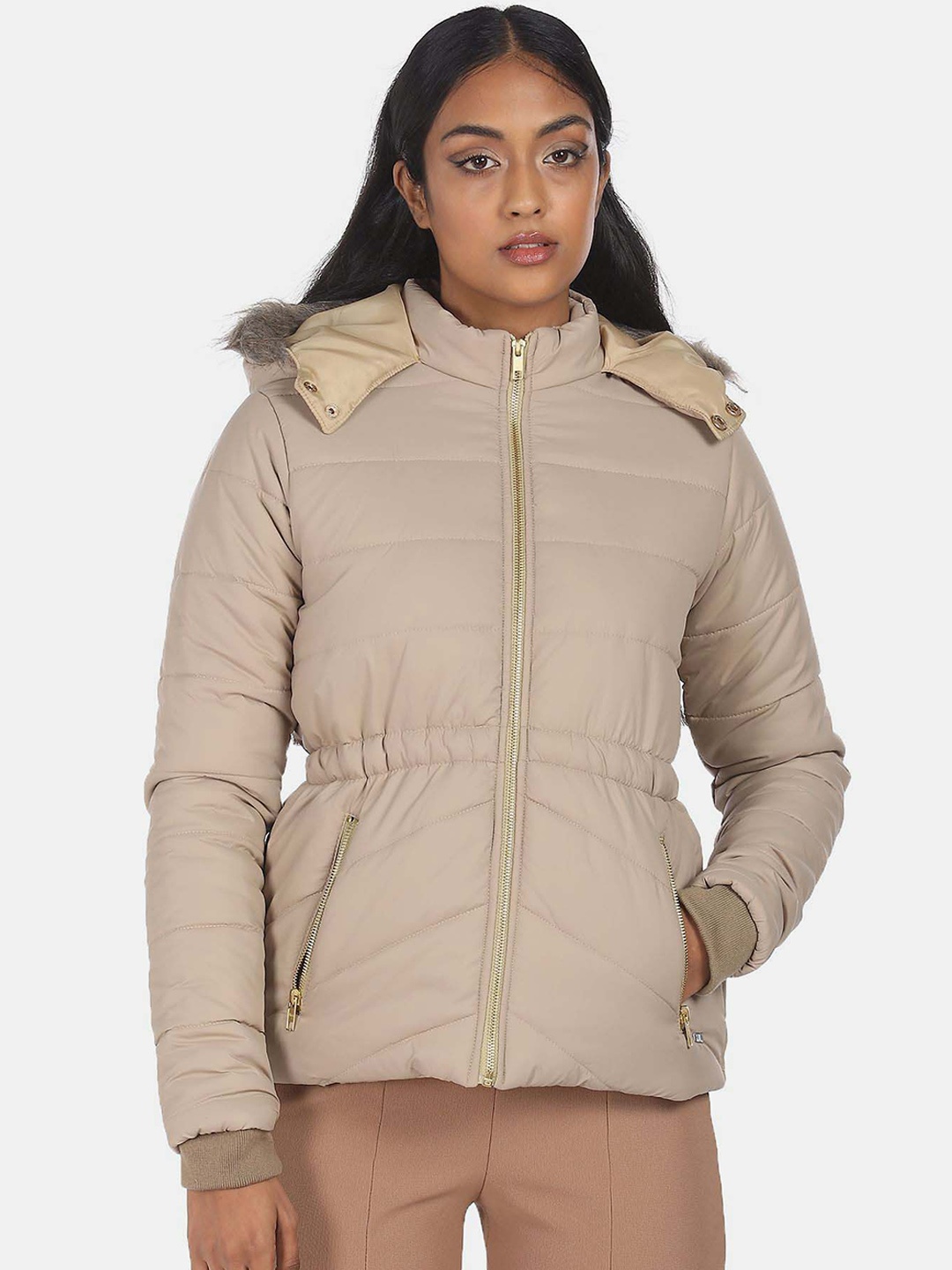 

Flying Machine Hooded Parka Jacket With Faux Fux Trim, Beige