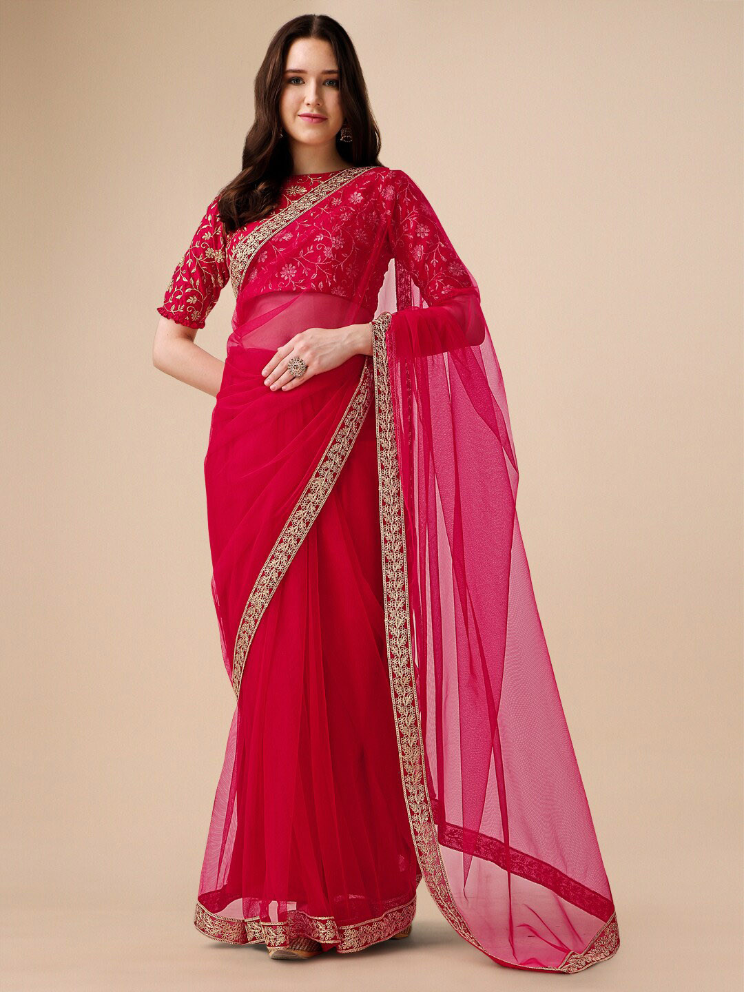 Inddus Embroidered Net Saree, Pink