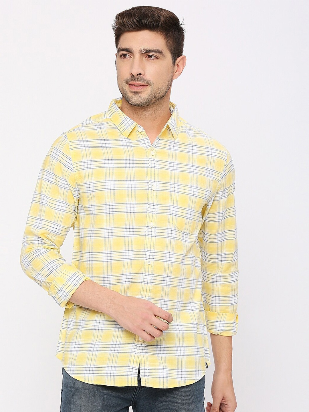 

SPYKAR Slim Fit Tartan Checks Opaque Checked Cotton Casual Shirt, Yellow