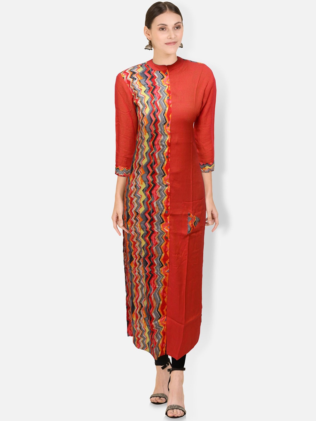 

FEMMIBELLA Striped Mandarin Collar Straight Kurta, Orange