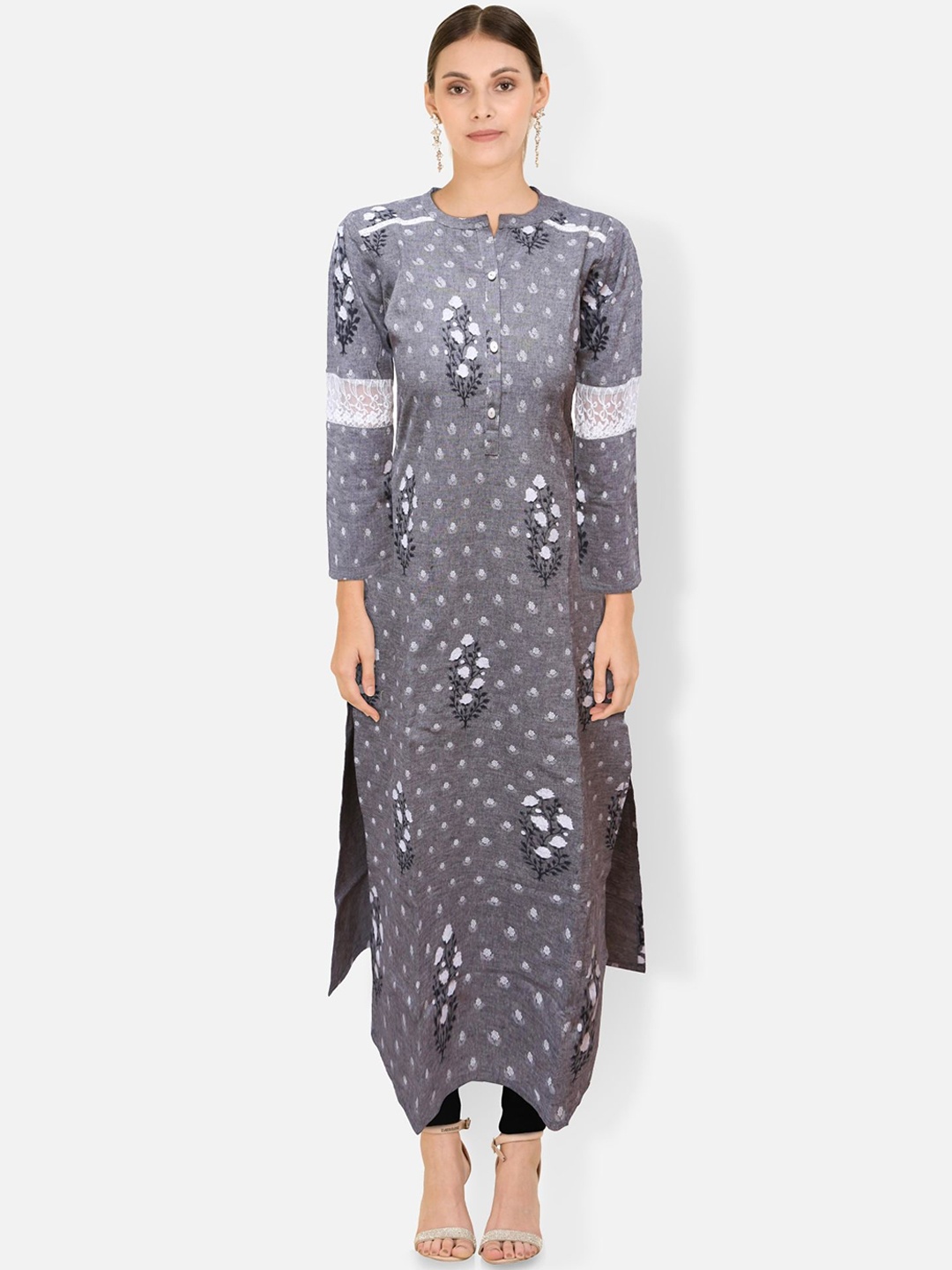 

FEMMIBELLA Floral Printed Mandarin Collar Pure Cotton Kurta, Grey
