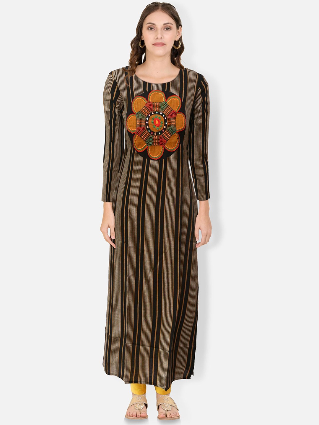 

FEMMIBELLA Striped Thread Work Pure Cotton Kurta, Black