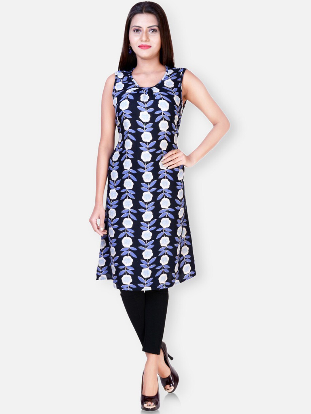 

FEMMIBELLA Floral Printed Sleeveless Pure Cotton Kurta, Black