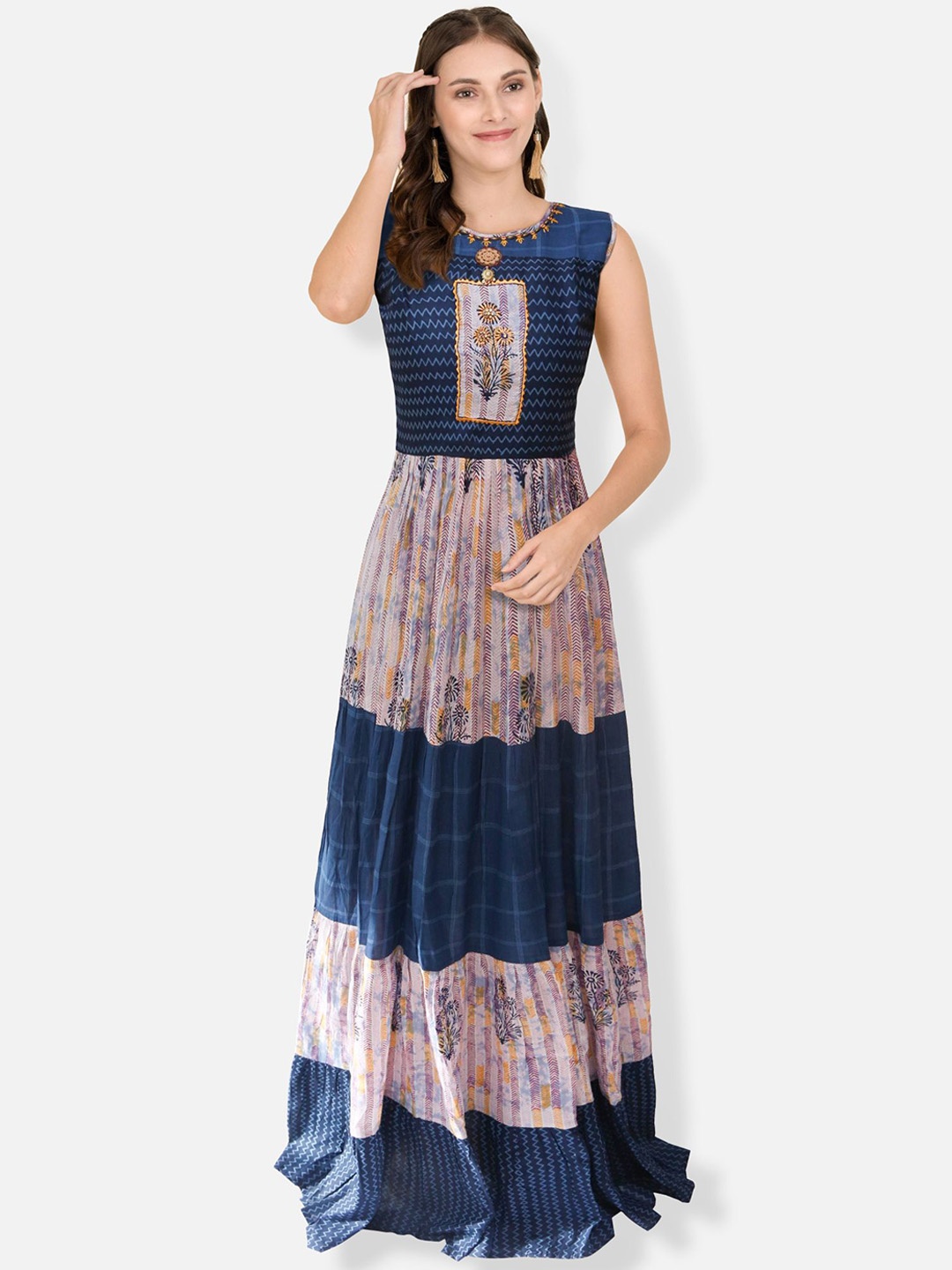 

FEMMIBELLA Floral Printed Sleeveless A-Line Maxi Dress, Blue