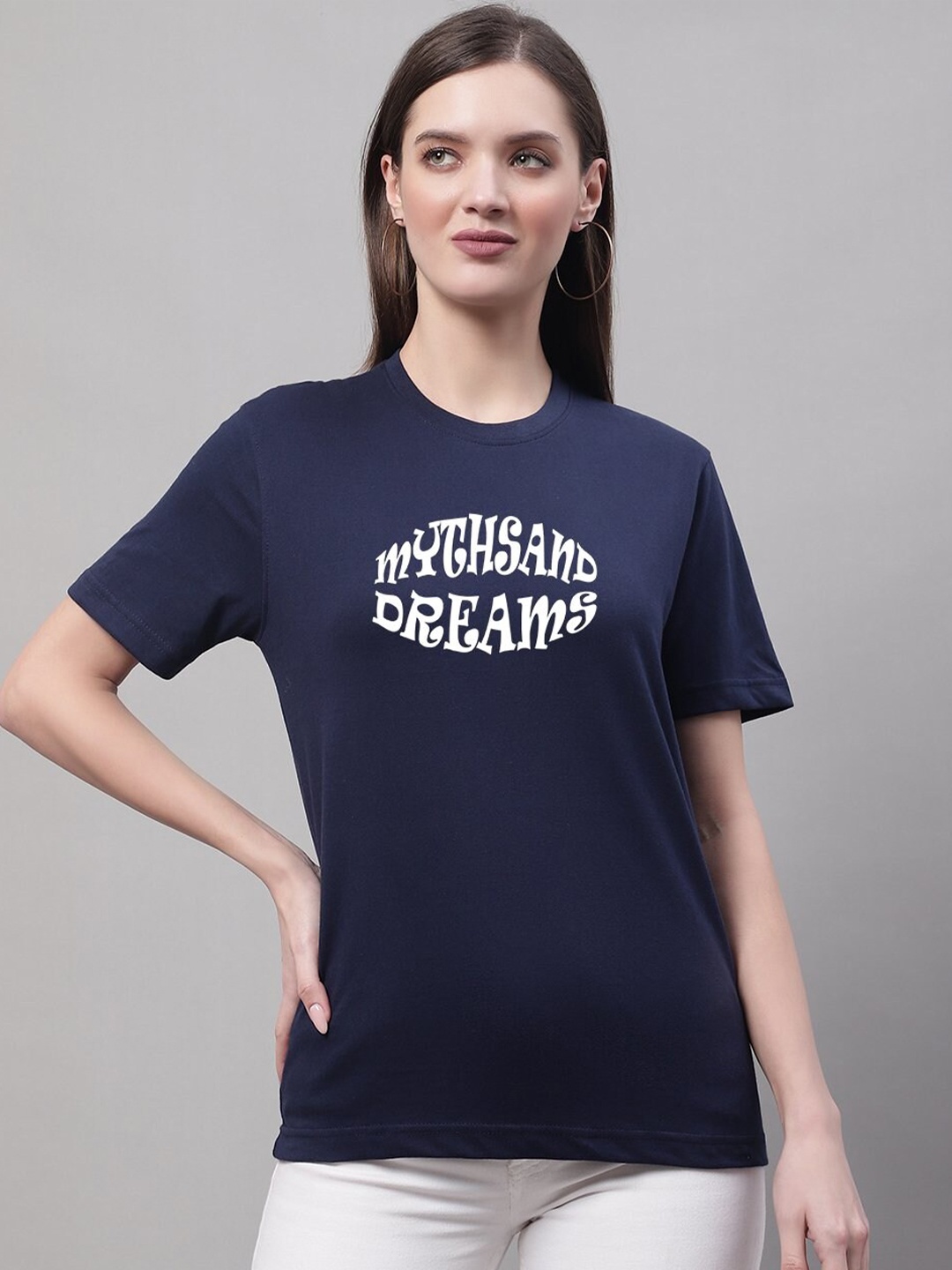 

borse lele Typography Printed Round Neck Pure Cotton T-shirt, Navy blue