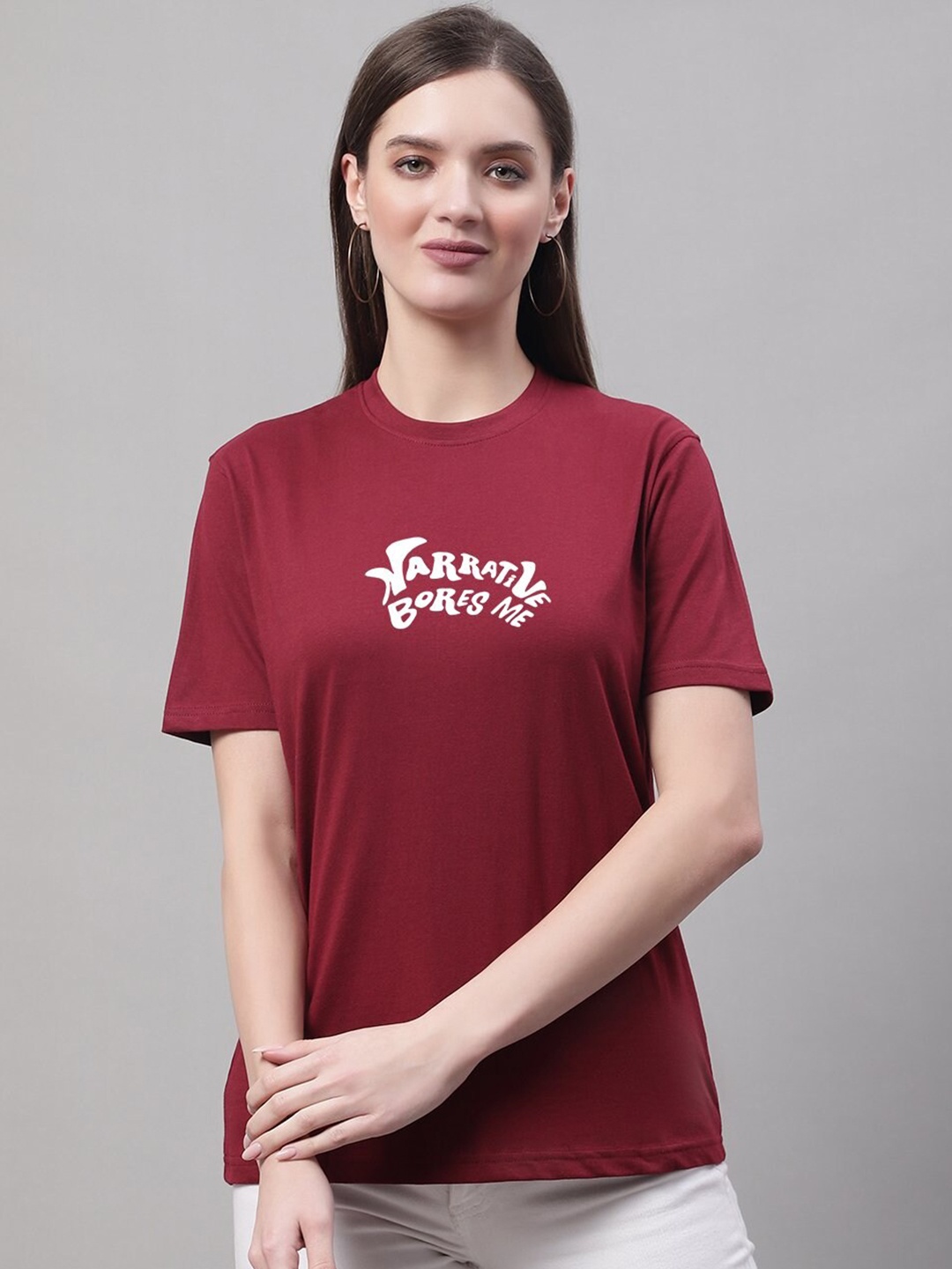 

borse lele Typography Printed Round Neck Pure Cotton T-shirt, Maroon