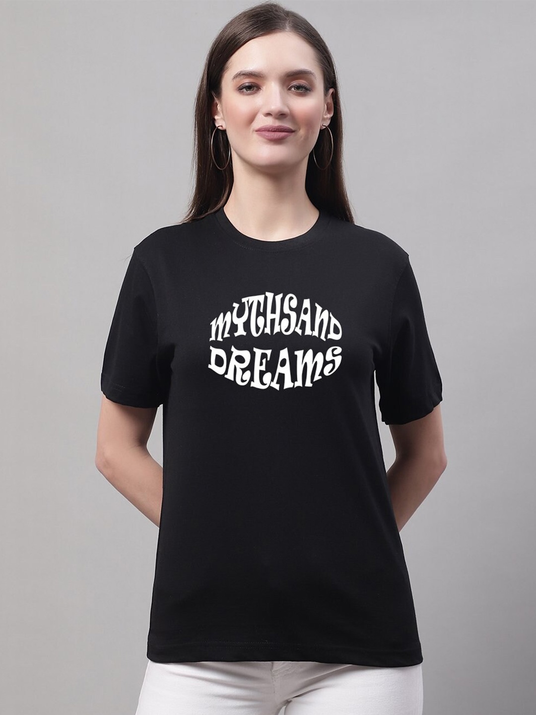 

borse lele Typography Printed Round Neck Pure Cotton T-shirt, Black