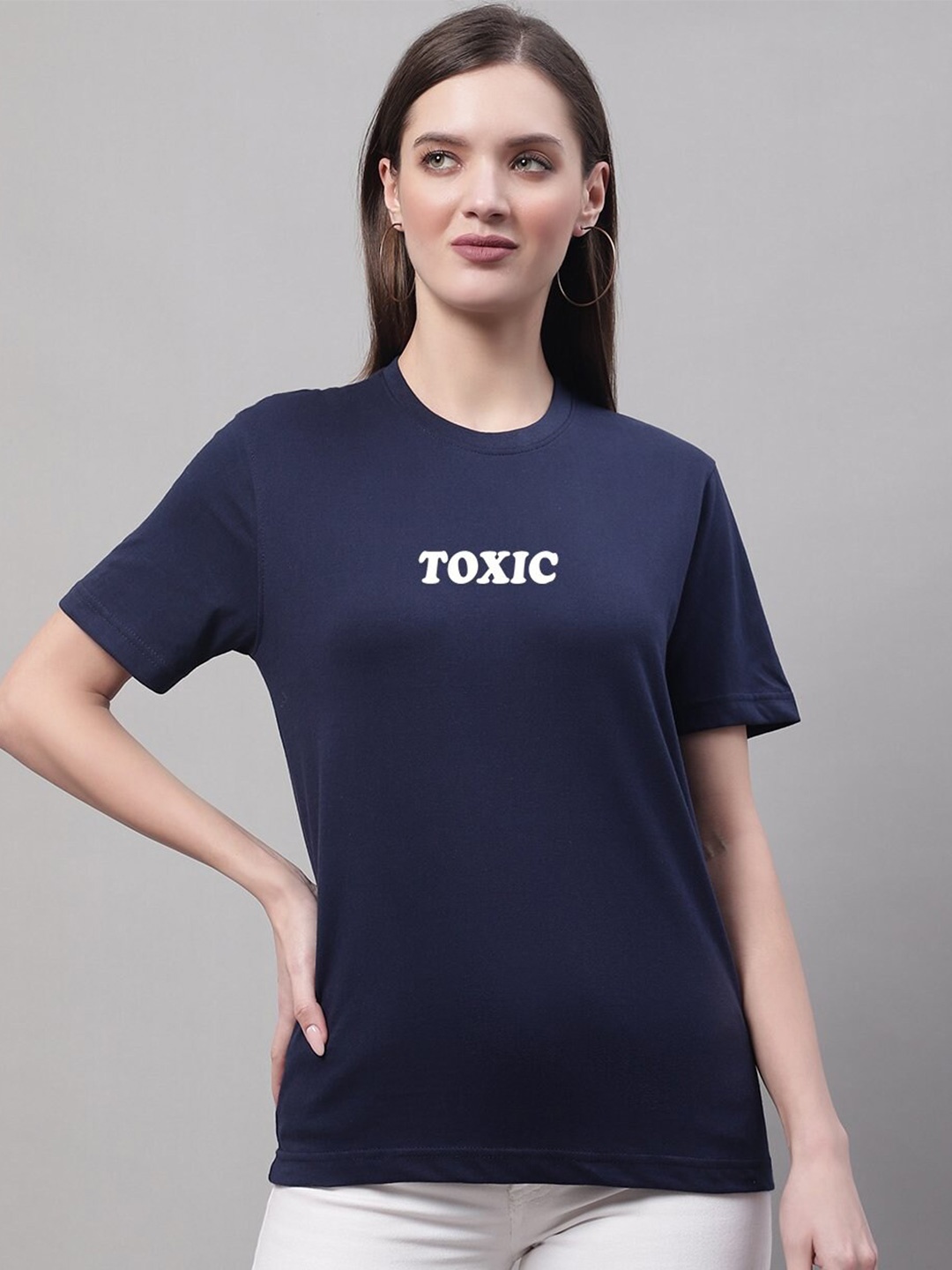 

borse lele Typography Printed Round Neck Pure Cotton T-shirt, Navy blue