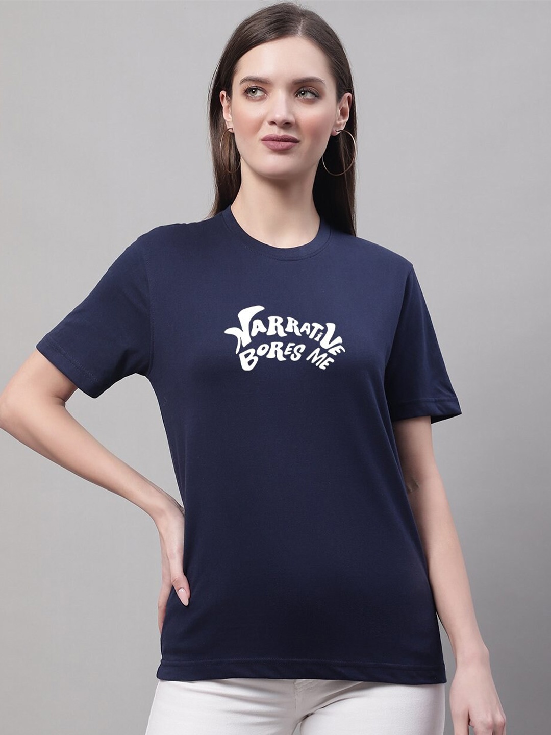 

borse lele Typography Printed Round Neck Pure Cotton T-shirt, Navy blue