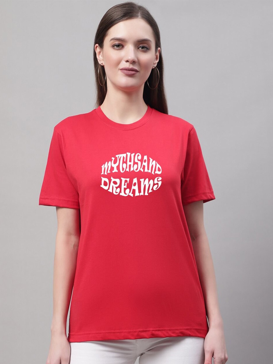 

borse lele Typography Printed Round Neck Pure Cotton T-shirt, Red