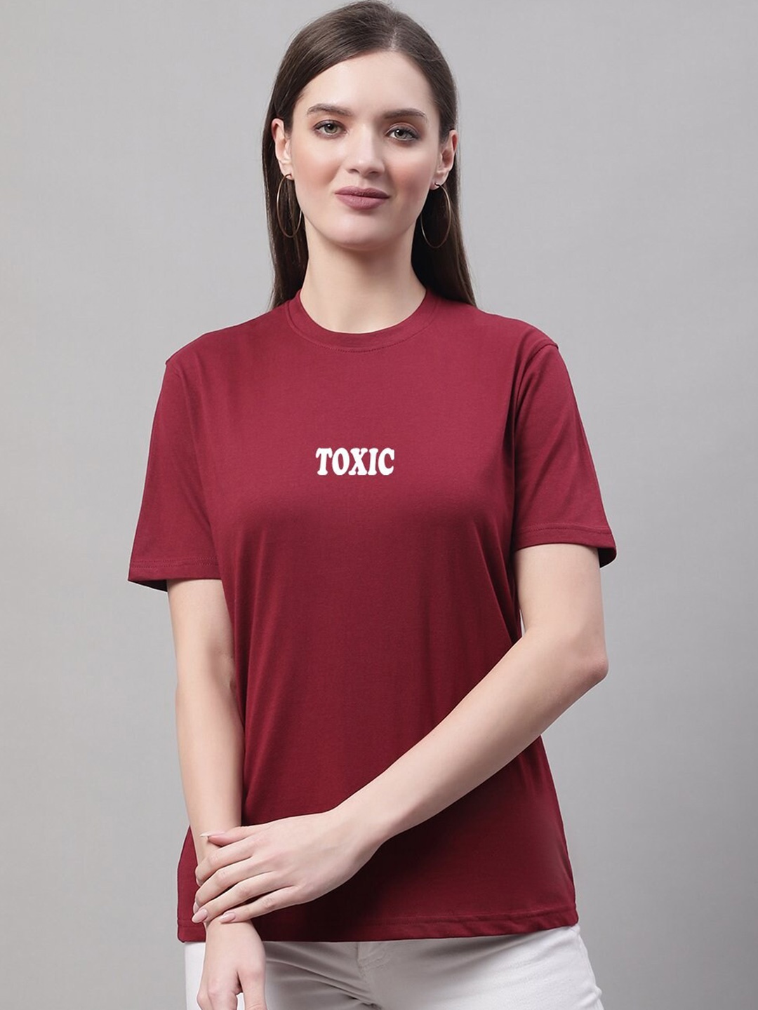 

borse lele Typography Printed Round Neck Pure Cotton T-shirt, Maroon