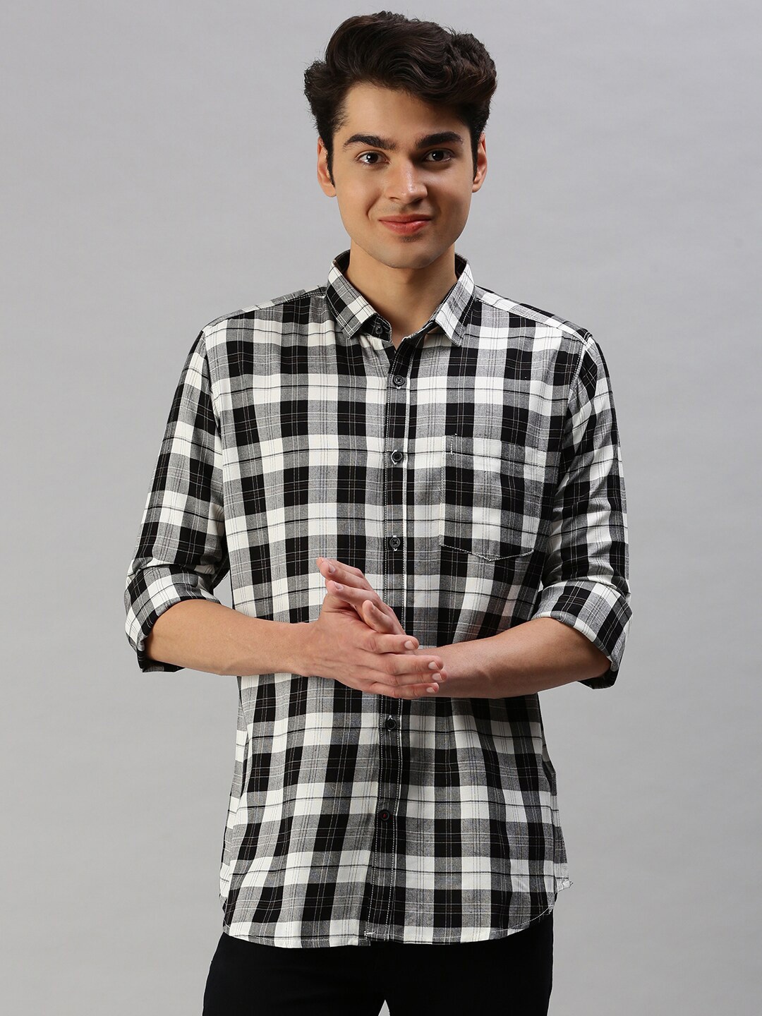 

Cross Court Tartan Checked Casual Pure Cotton Shirt, Black