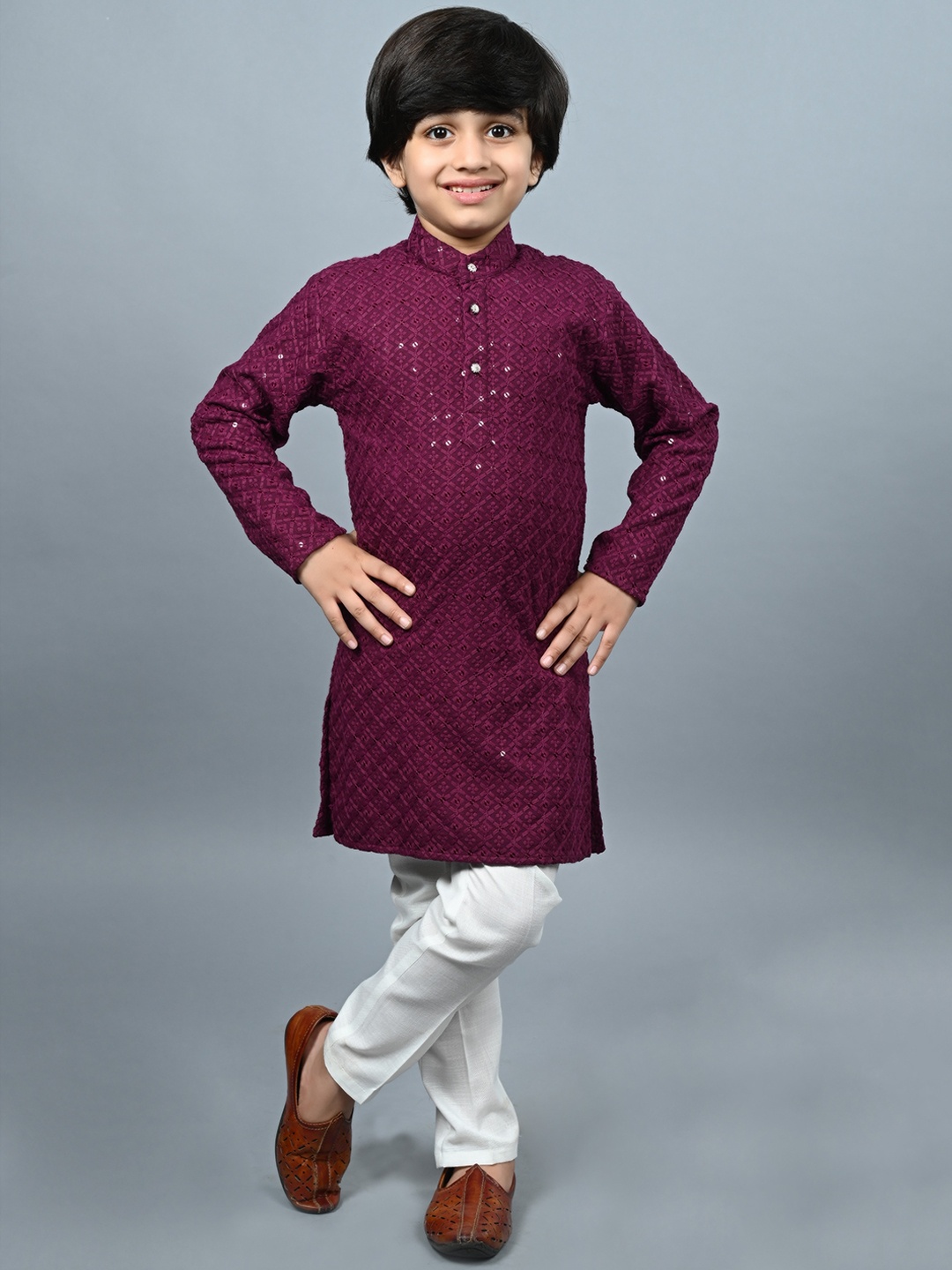 

ahhaaaa Boys Ethnic Motifs Embroidered Sequinned Kurta with Pyjamas, Purple