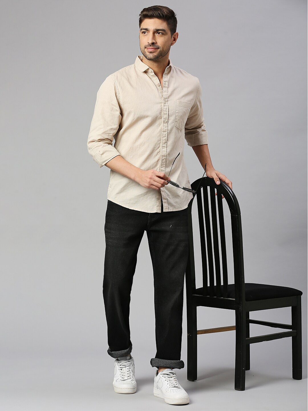 

Mast & Harbour Beige Classic Slim Fit Casual Cotton Linen Shirt