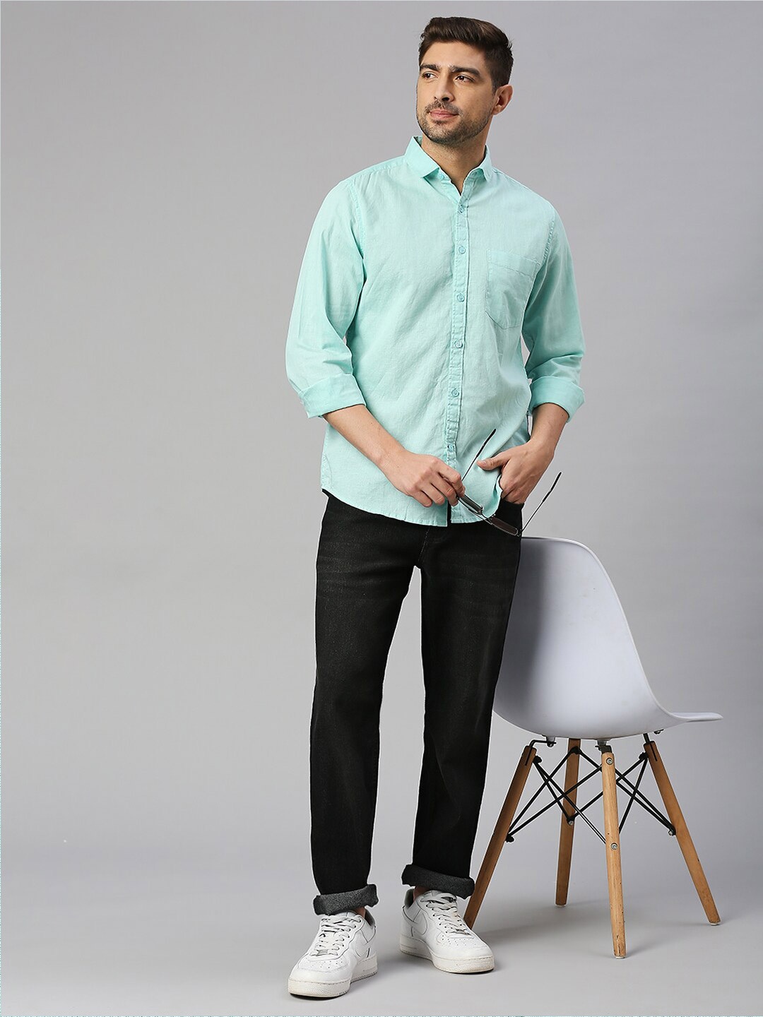 

Mast & Harbour Sea Green Classic Slim Fit Casual Cotton Linen Shirt