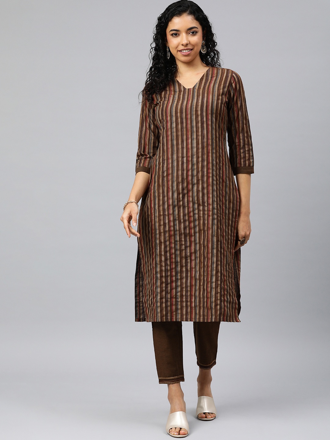 

HRITIKA Striped Regular Kurta with Trousers, Brown