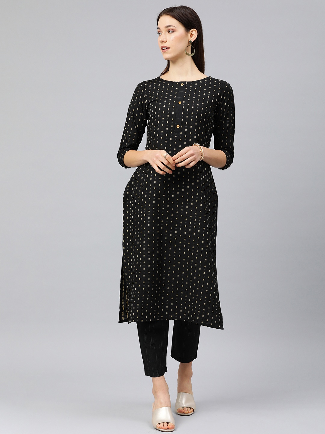 

HRITIKA Women Self Design Regular Kurta with Trousers, Black