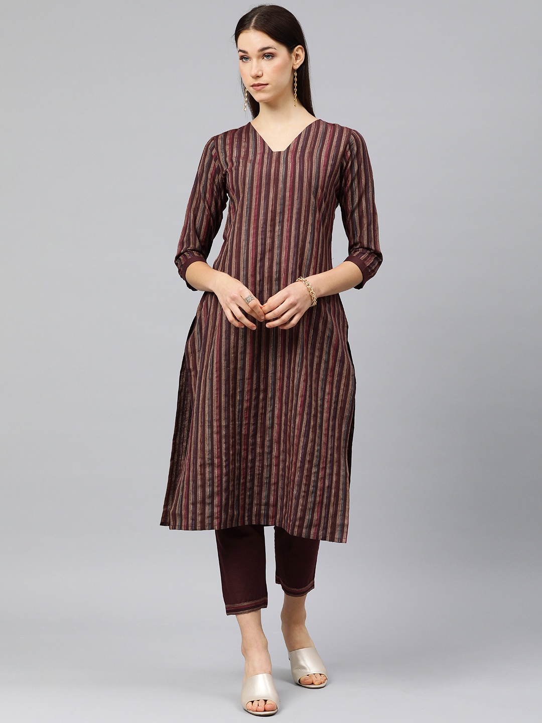 

HRITIKA Striped Regular Kurta with Trousers, Maroon