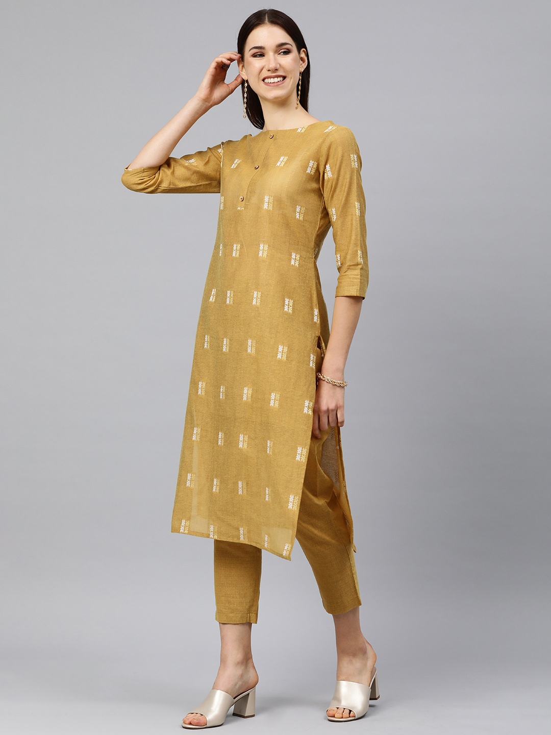 

HRITIKA Women Self Design Regular Kurta with Trousers, Mustard