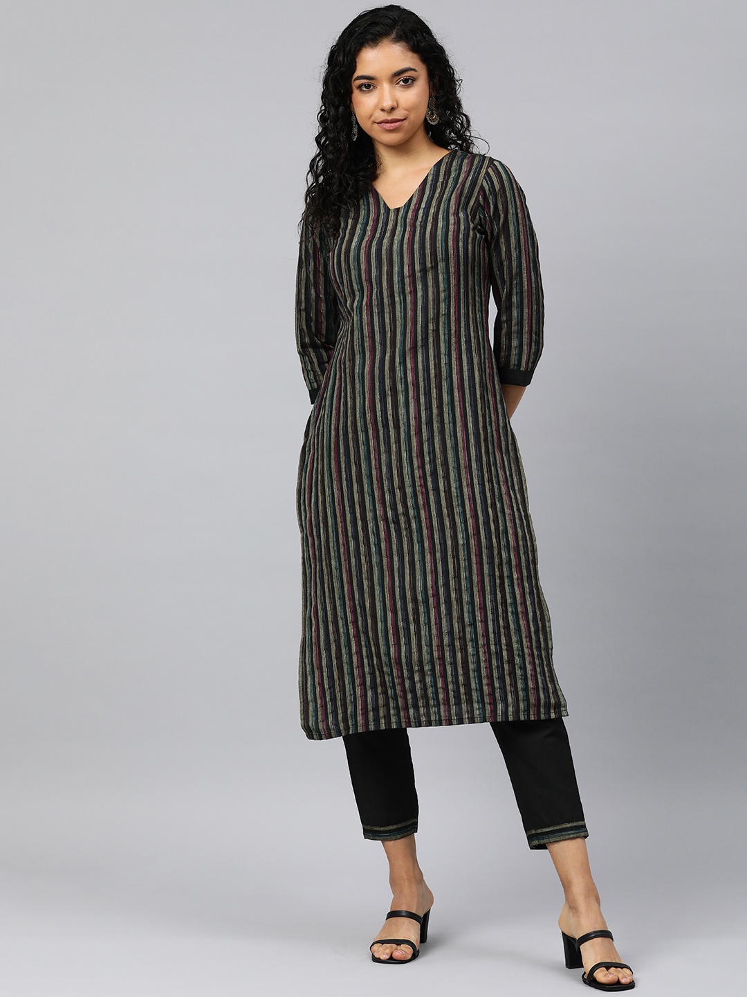 

HRITIKA Striped Regular Kurta with Trousers, Black