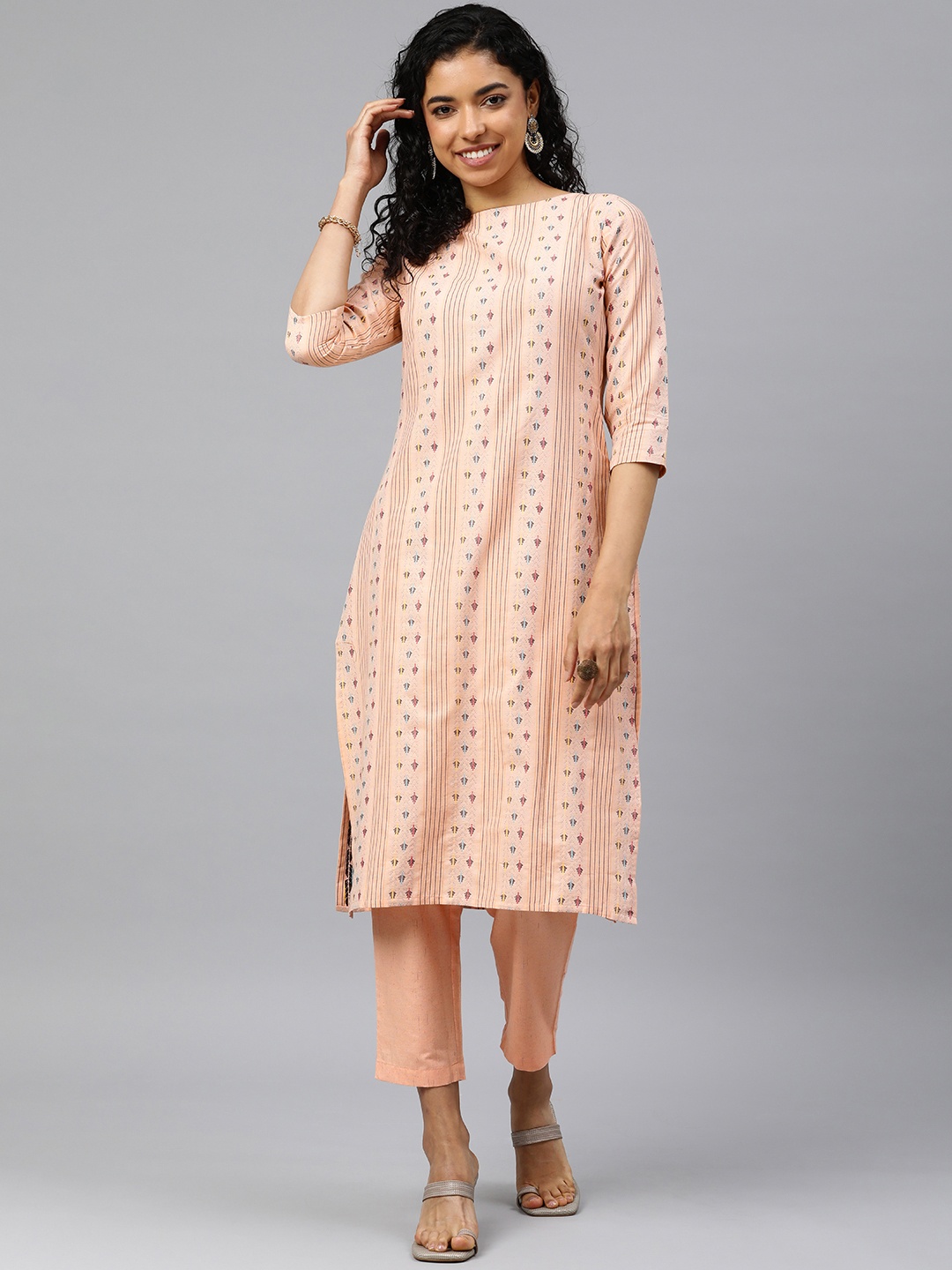 

HRITIKA Ethnic Motifs Printed Regular Kurta with Trousers, Peach