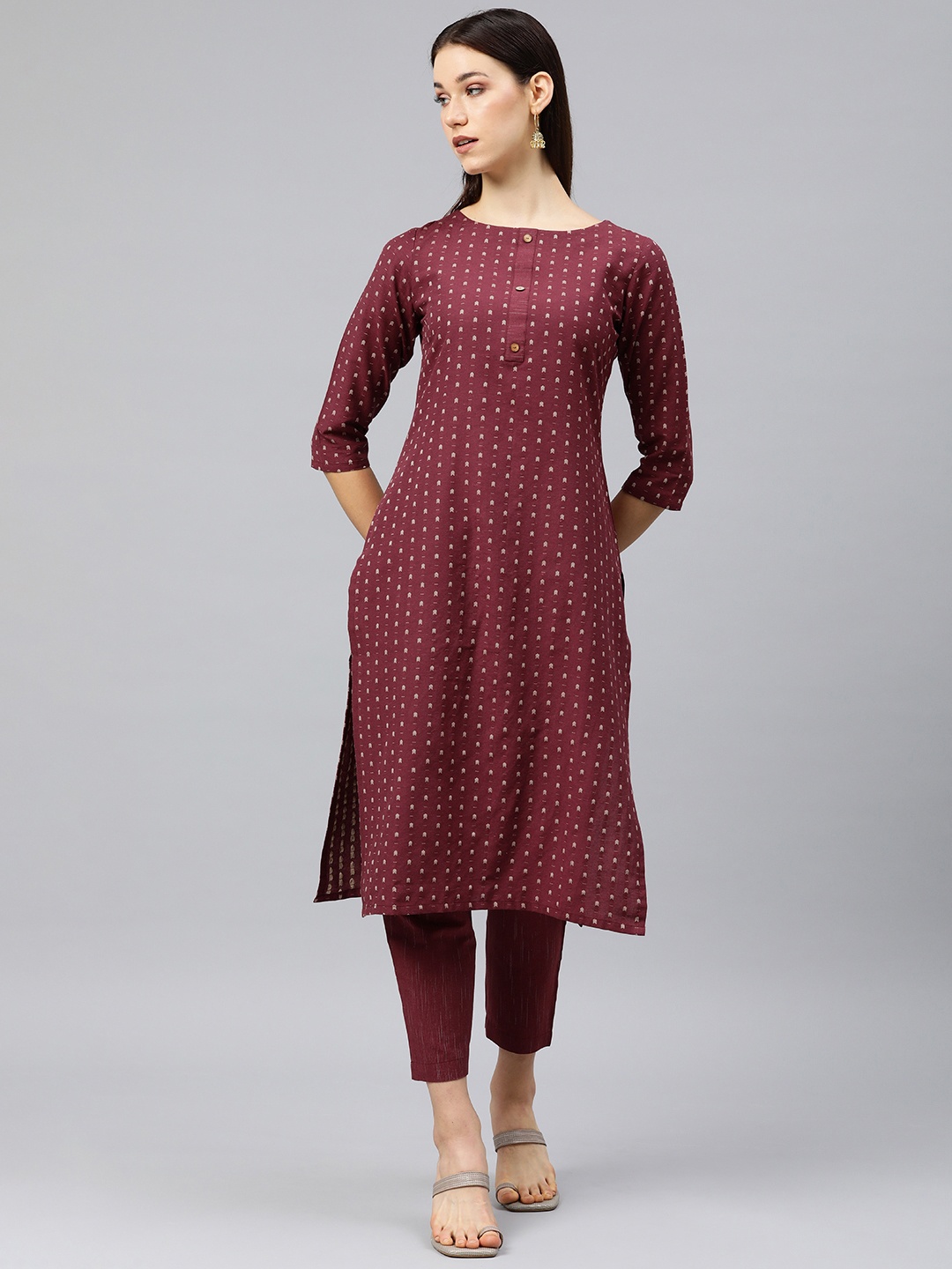 

HRITIKA Women Self Design Regular Kurta with Trousers, Burgundy