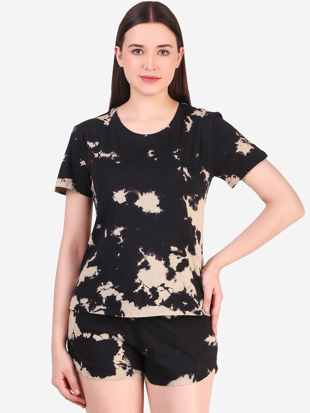 

Masha Beige & Black Tie And Dye Printed Pure Cotton Night Suit
