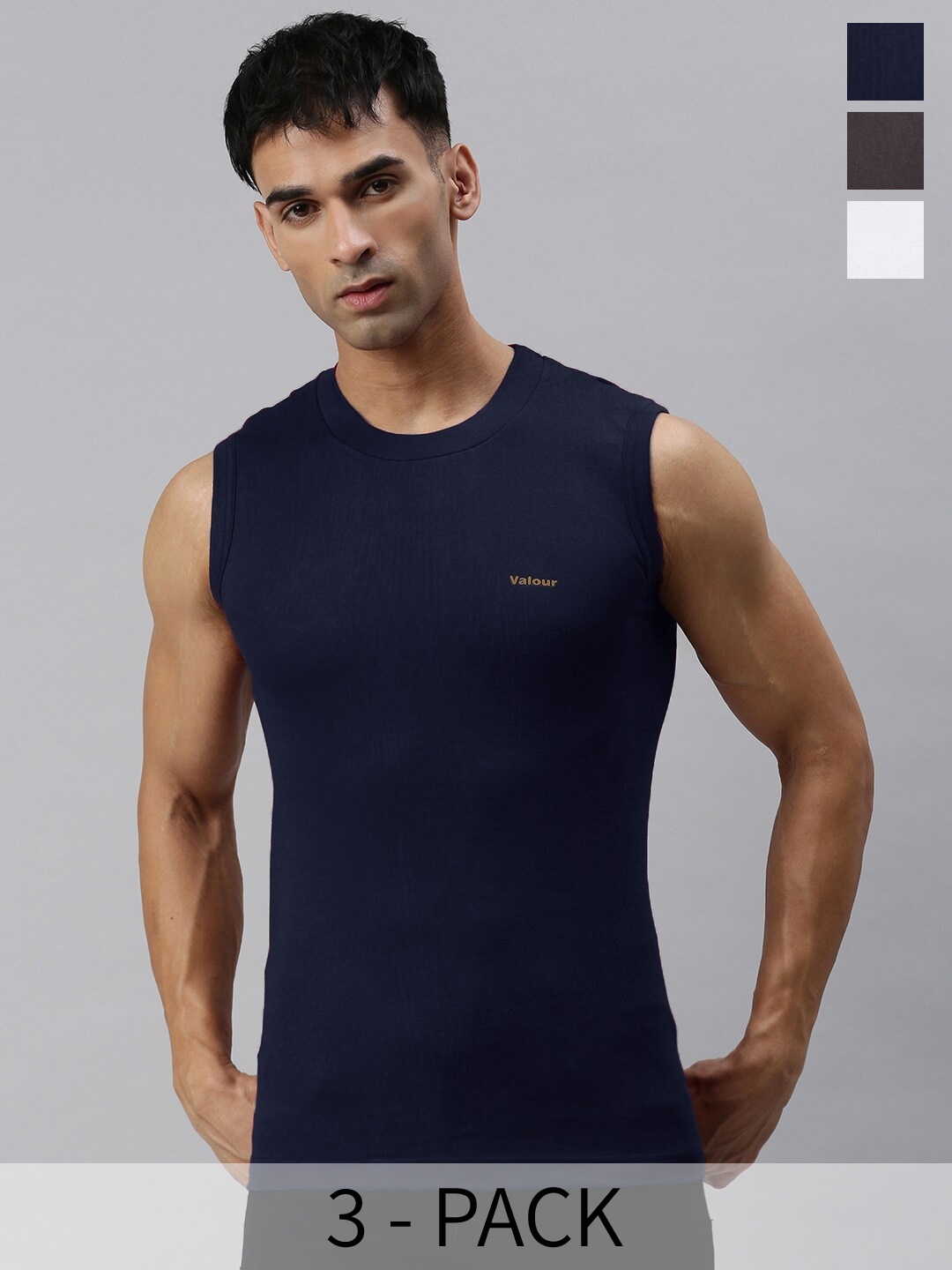 

Lux Cozi Pack Of 3 Slim Fit Sleeveless Cotton T-Shirts, Navy blue
