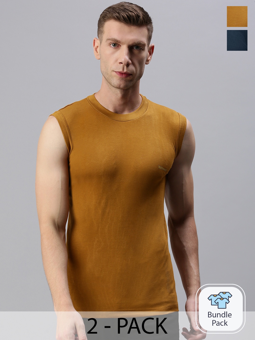 Lux Cozi Pack Of 2 Slim Fit Cotton Gym Vest, Camel brown