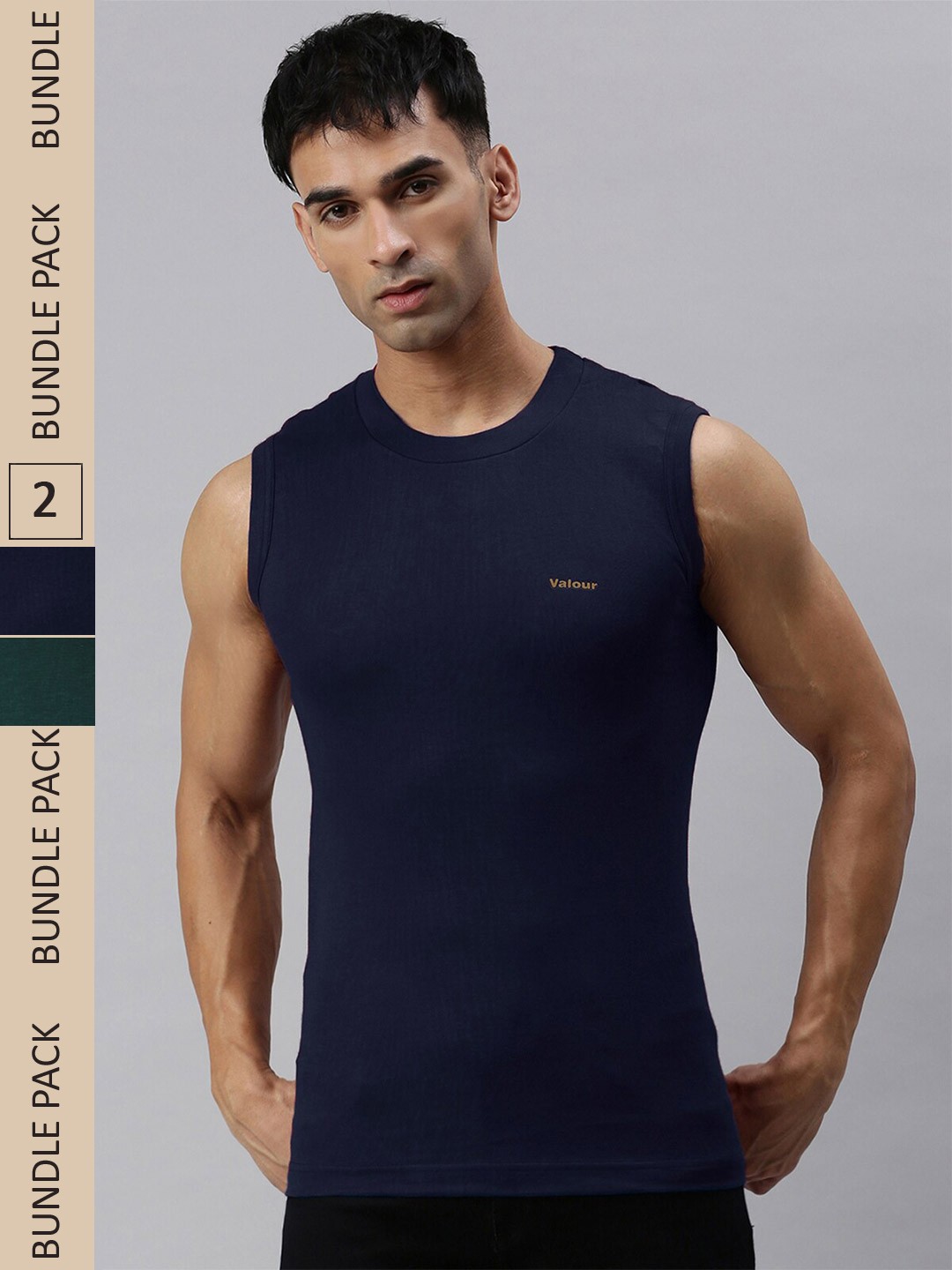 

Lux Cozi Pack Of 2 Round Neck Sleeveless Slim Fit Cotton T-shirt, Navy blue
