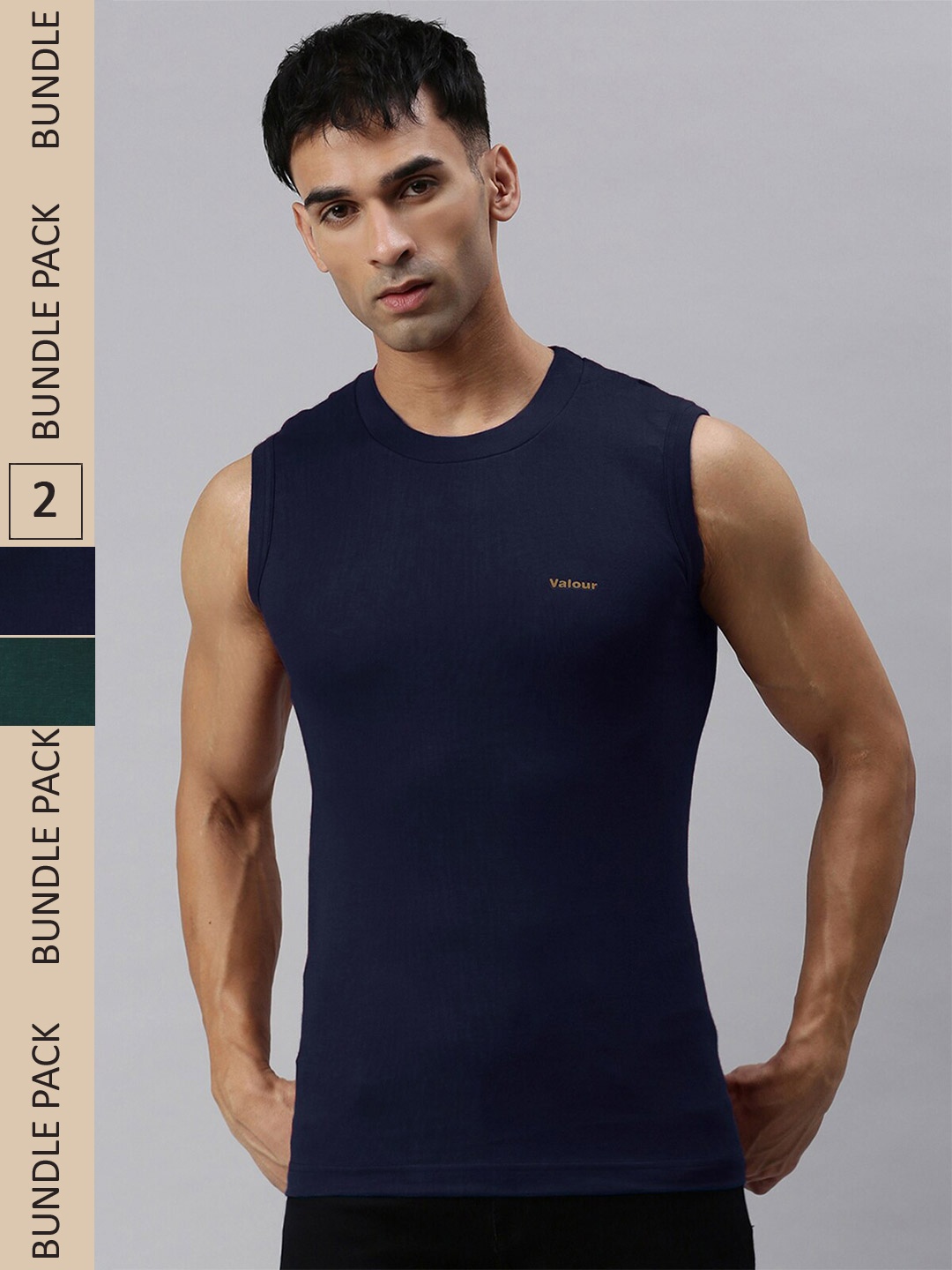 

Lux Cozi Pack Of 2 Round Neck Sleeveless Slim Fit Cotton T-shirt, Navy blue