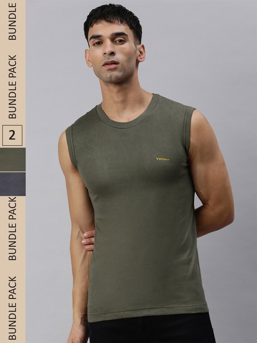 

Lux Cozi Pack Of 2 Round Neck Sleeveless Slim Fit Cotton T-shirt, Olive