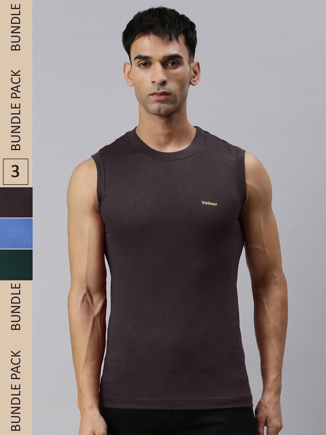 

Lux Cozi Pack Of 3 Round Neck Sleeveless Slim Fit Cotton T-shirt, Brown