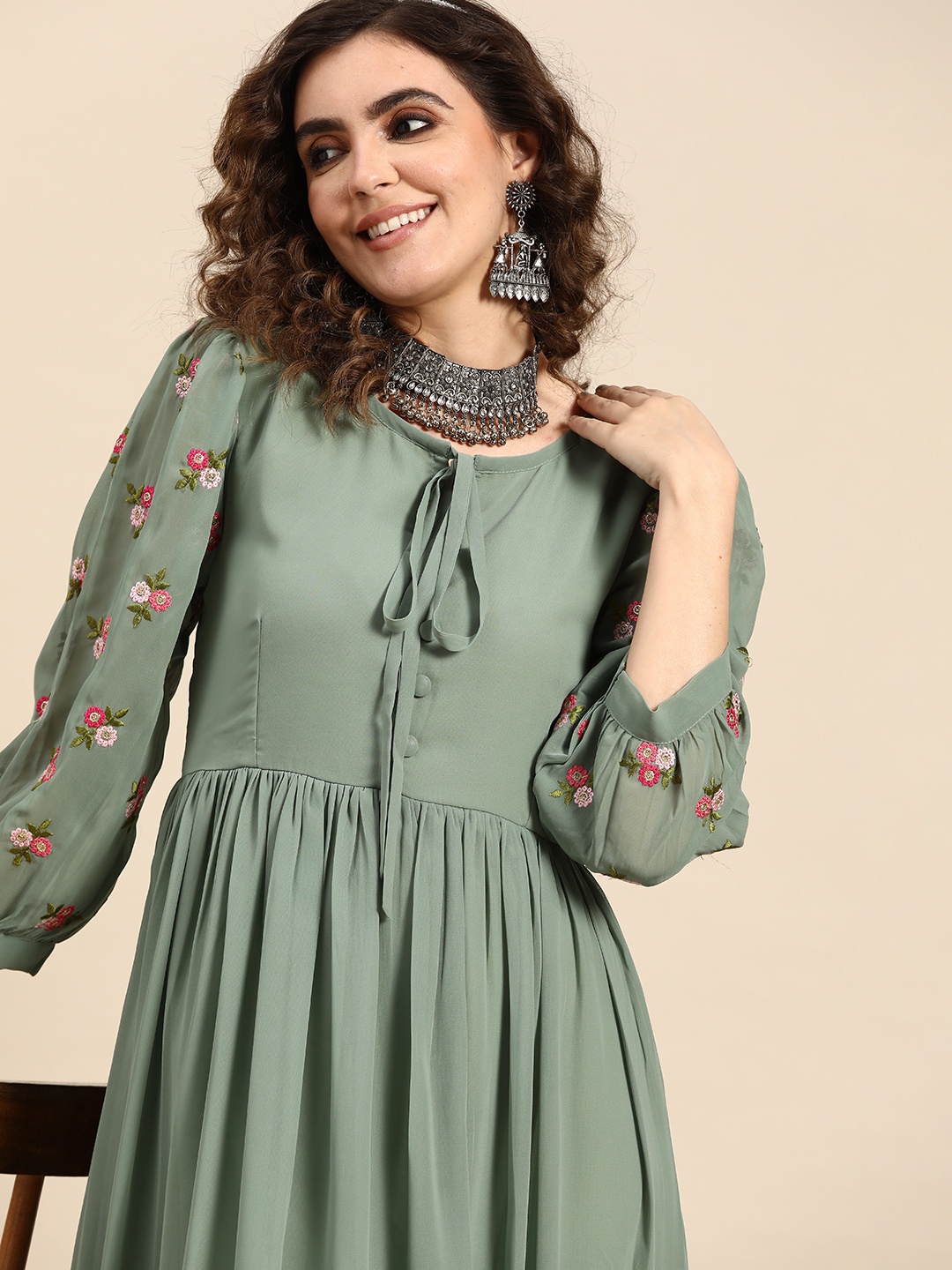 

Sangria Women Embroidery A-Line Button Detail Dress, Green
