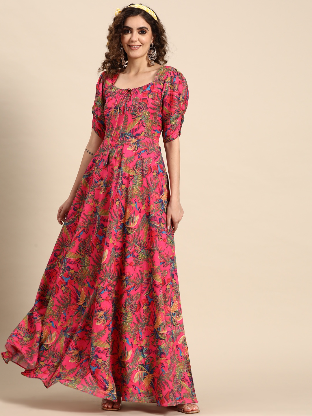 

Sangria Floral Printed Flared Maxi Dress, Magenta