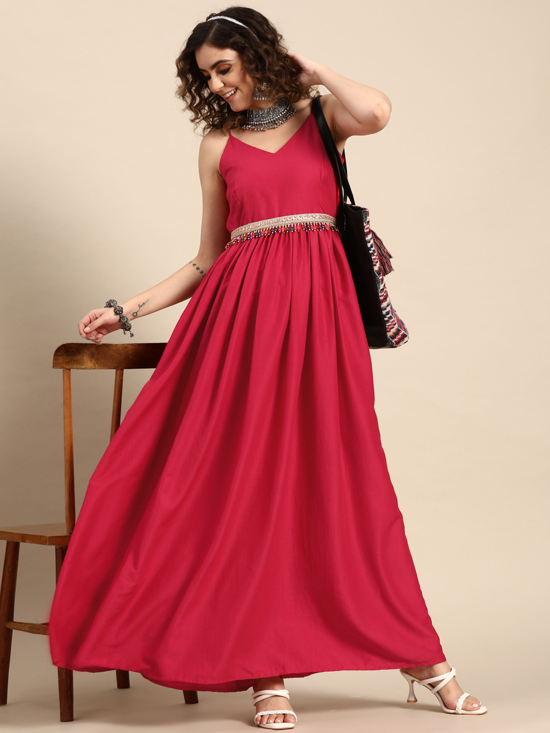 

Sangria Women Solid Maxi Dress with Embellished Belt, Magenta