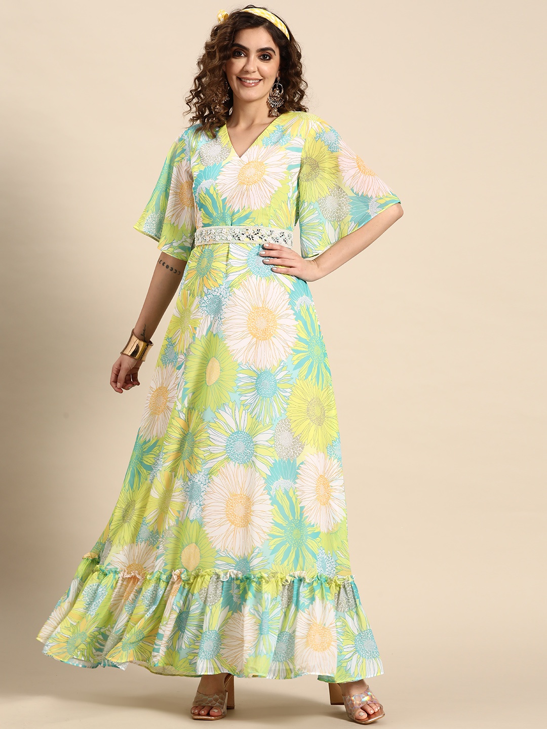 

Sangria Women Floral Printed Maxi Dress with Embroidered Belt, Green